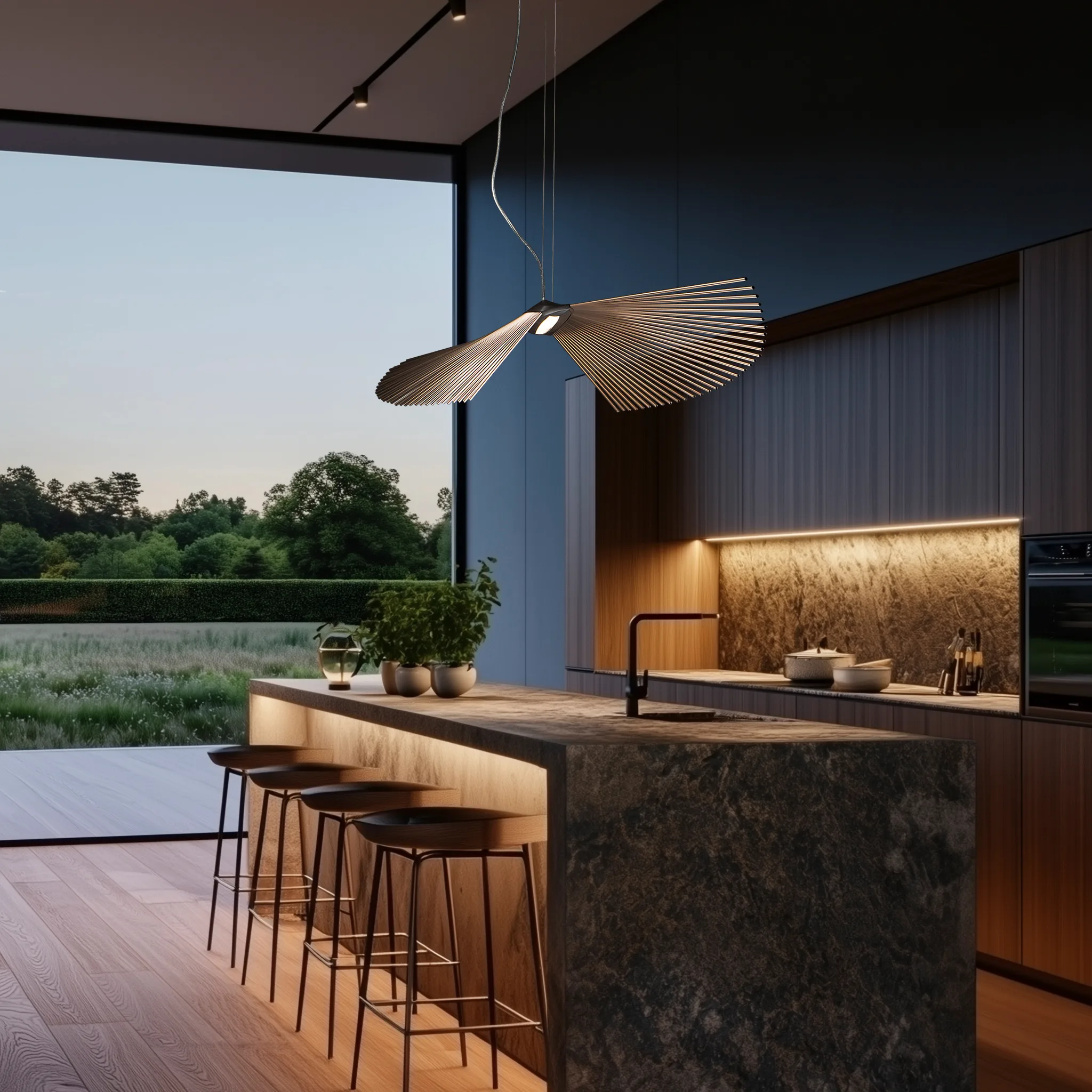 A Libra 190 pendant light hanging over a stone kitchen island