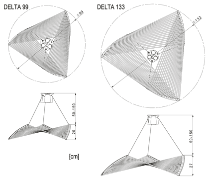 Maßzeichnung der Pendelleuchte Delta 99: 99 cm an der breitesten Stelle, 20 cm hoch, Maße in cm. Maßzeichnung der Pendelleuchte Delta 133: 133 cm an der breitesten Stelle, 27 cm hoch, Maße in cm.