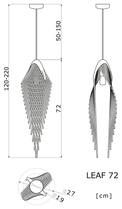 Maßzeichnung der Pendelleuchte Leaf 72: 27 cm an der breitesten Stelle, 72 cm hoch, Maße in cm.