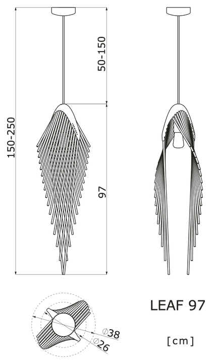 Maßzeichnung der Pendelleuchte Leaf 97: 38 cm an der breitesten Stelle, 97 cm hoch, Maße in cm.