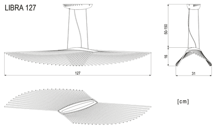 Maßzeichnung der Pendelleuchte Libra 127: 127 cm an der breitesten Stelle, 16 cm hoch, Maße in cm.