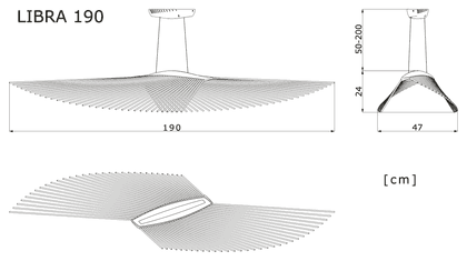 Maßzeichnung der Pendelleuchte Libra 190: 190 cm an der breitesten Stelle, 24 cm hoch, Maße in cm.