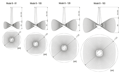 Maßzeichnung der Pendelleuchte Model 8 81: 81 cm an der breitesten Stelle, 33 cm hoch, Maße in cm. Maßzeichnung der Pendelleuchte Model 8 100: 100 cm an der breitesten Stelle, 40 cm hoch, Maße in cm. Maßzeichnung der Pendelleuchte Model 8 128: 128 cm an der breitesten Stelle, 51 cm hoch, Maße in cm. Maßzeichnung der Pendelleuchte Model 8 163: 163 cm an der breitesten Stelle, 66 cm hoch, Maße in cm.