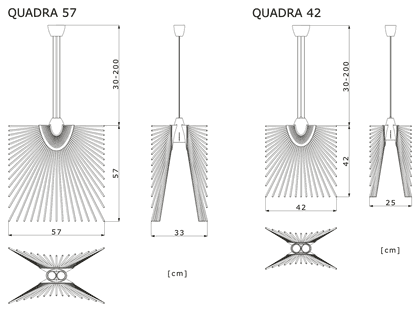 Dimension drawing of the Quadra 42 pendant light: 42 cm at its widest, 42 cm high, measurements in cm. Dimension drawing of the Quadra 57 pendant light: 57 cm at its widest, 57 cm high, measurements in cm.